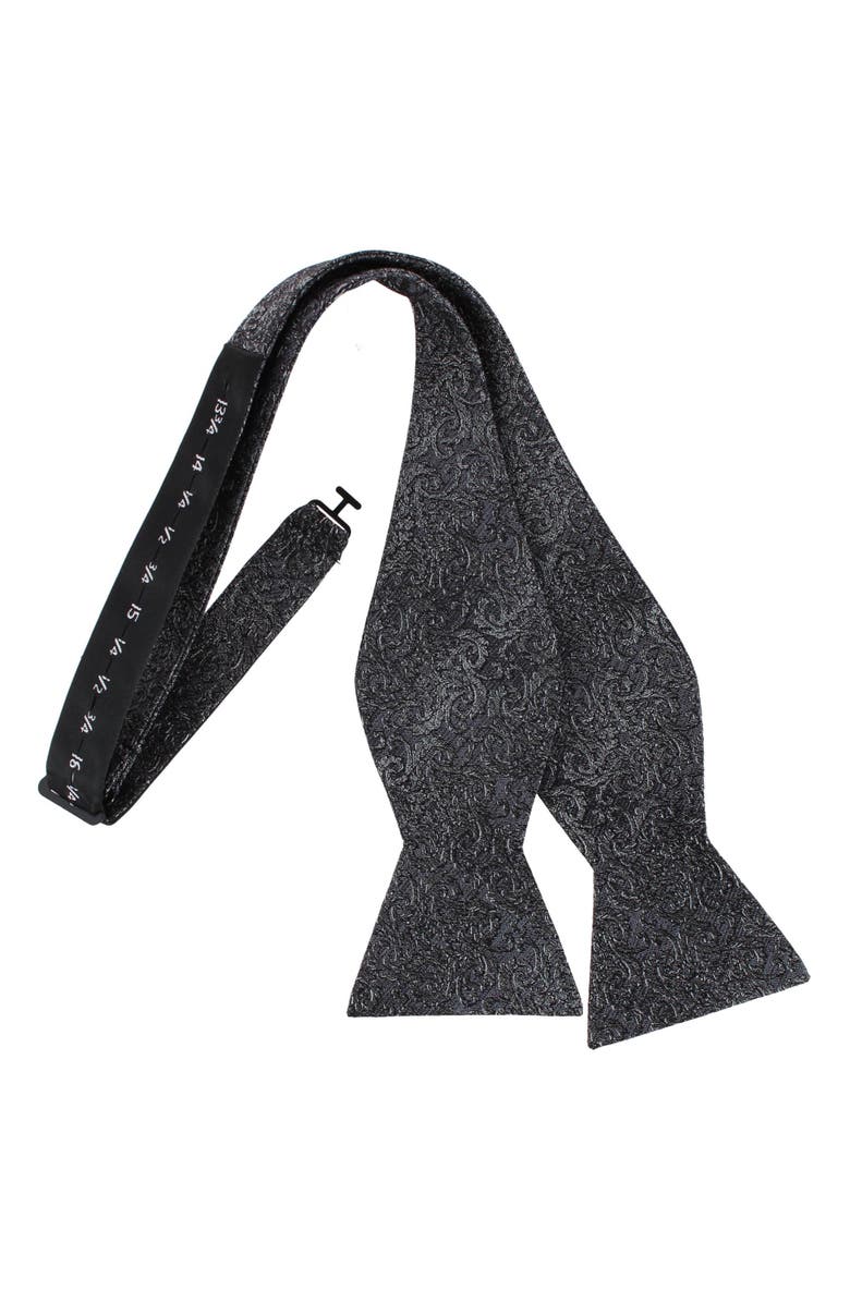 Trafalgar Esteban Scrolling Vines Tone on Ton Patterned Silk Self Tie Bow Tie, Alternate, color, Silver And Black