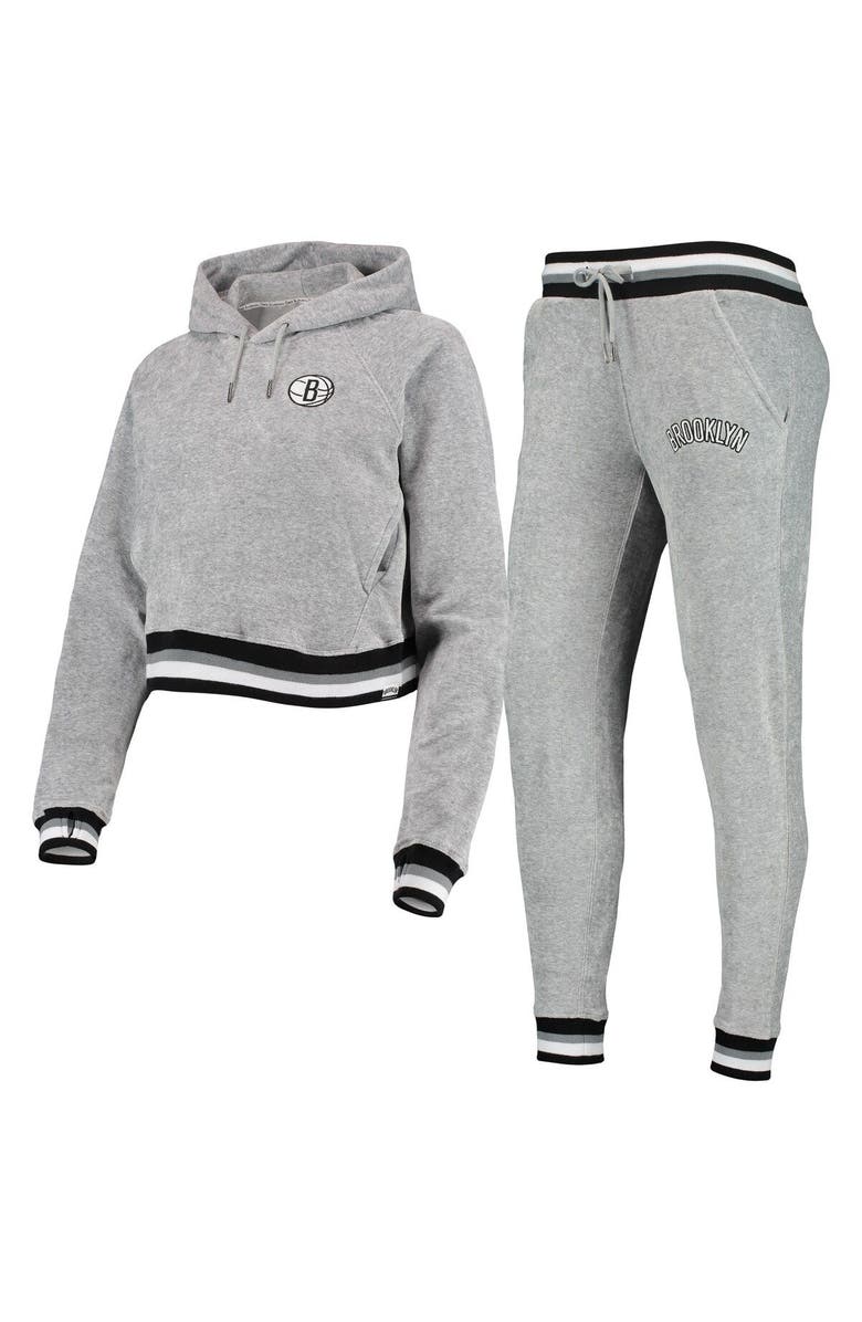LUSSO Women's Lusso Gray Brooklyn Nets Maisie-Maggie Velour Raglan Pullover Hoodie & Jogger Pants Set, Main, color, Gray