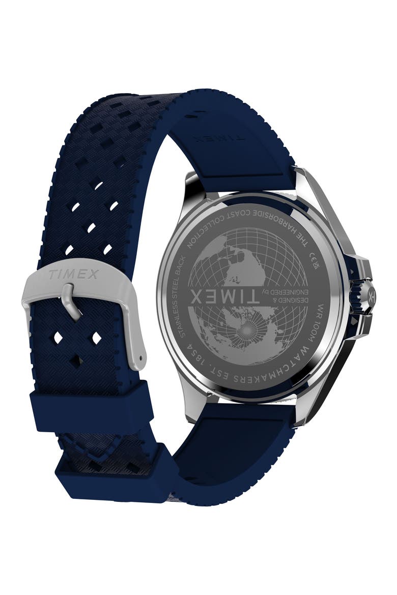 Harborside Coast Multifunction 43mm Synthetic Rubber Strap Watch, Alternate, color, BLUE/ SILVER-TONE