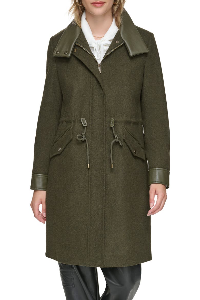 Feather Leather Trim Wool Blend Coat, Main, color, ARTICHOKE