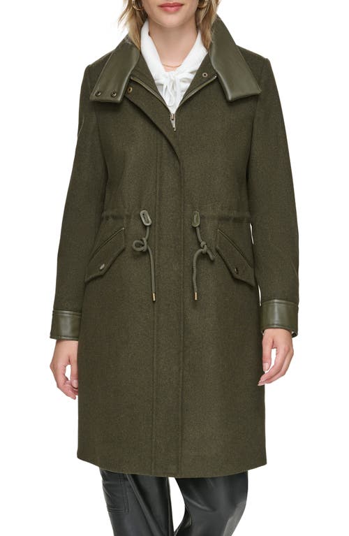 Andrew Marc Feather Leather Trim Wool Blend Coat in Artichoke 