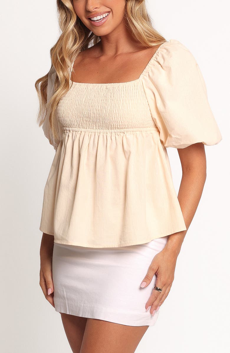 Petal & Pup Jemima Puff Sleeve Smocked Cotton Babydoll Top, Alternate, color, Beige