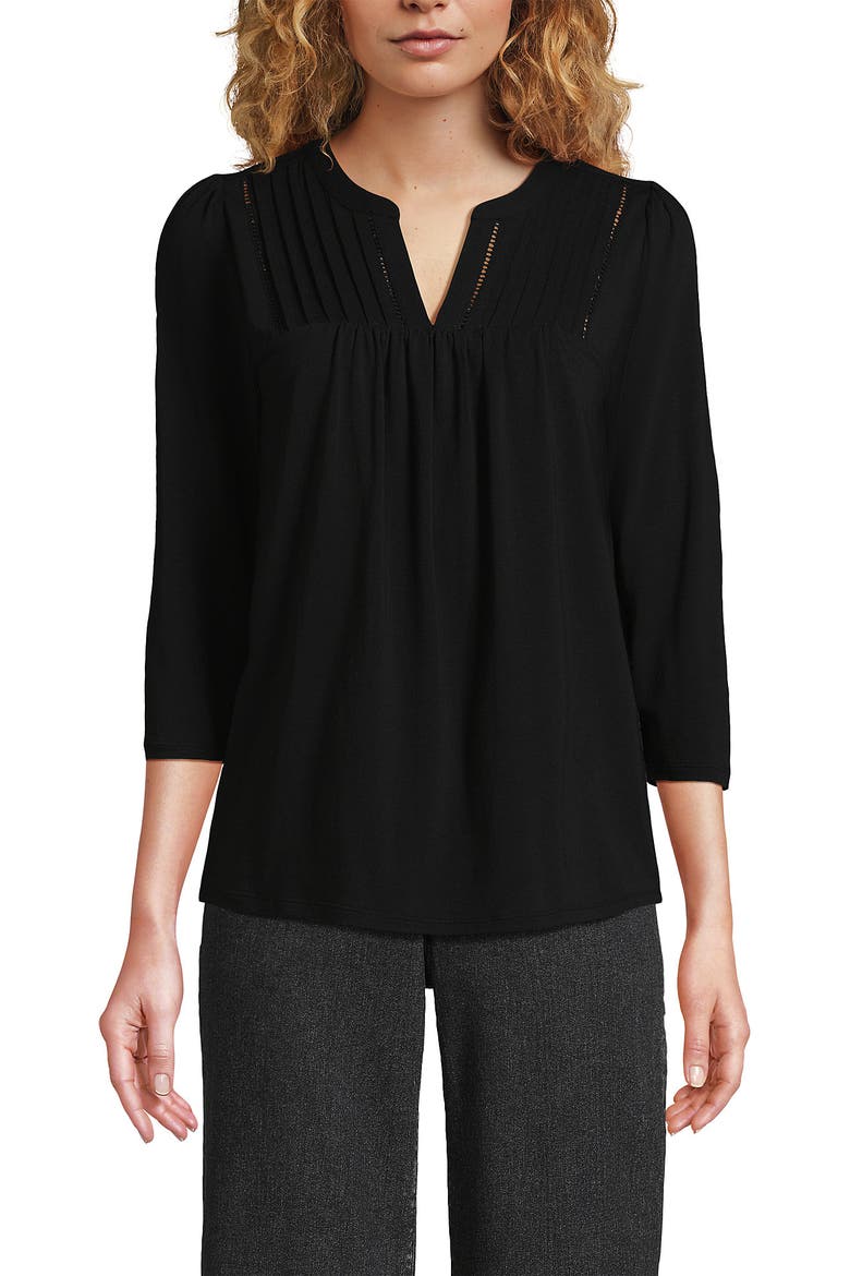 3/4 Sleeve Lightweight Jersey Lattice Detail Top, Main, color, Black