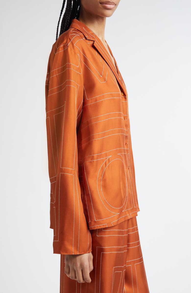 TOTEME Monogram Embroidered Silk Button-Up Shirt, Alternate, color, Terracotta