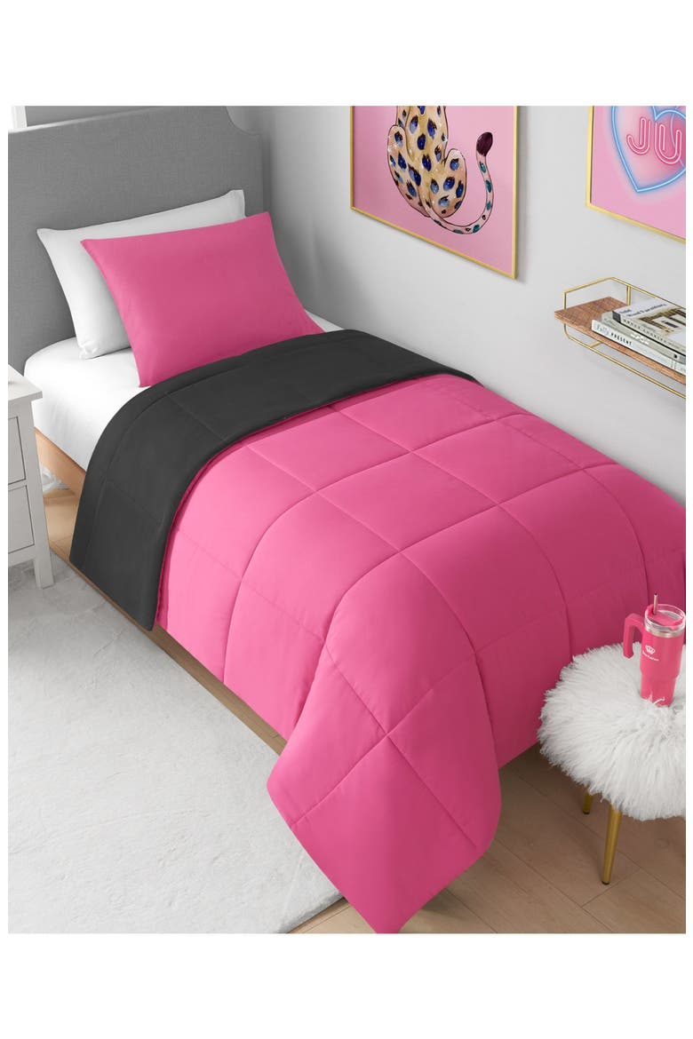 Reversible Box Stitch Comforter & Sham Set, Alternate, color, BLACK/ HOT PINK