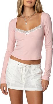 EDIKTED Morgyn Lace Trim Rib Crop Top