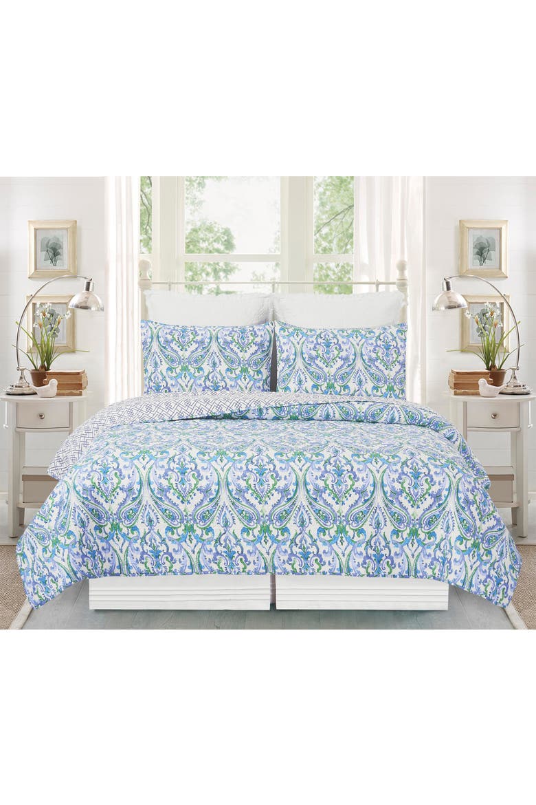 Juliet Damask Cotton Quilt Set - Reversible and Machine Washable, Alternate, color, Blue