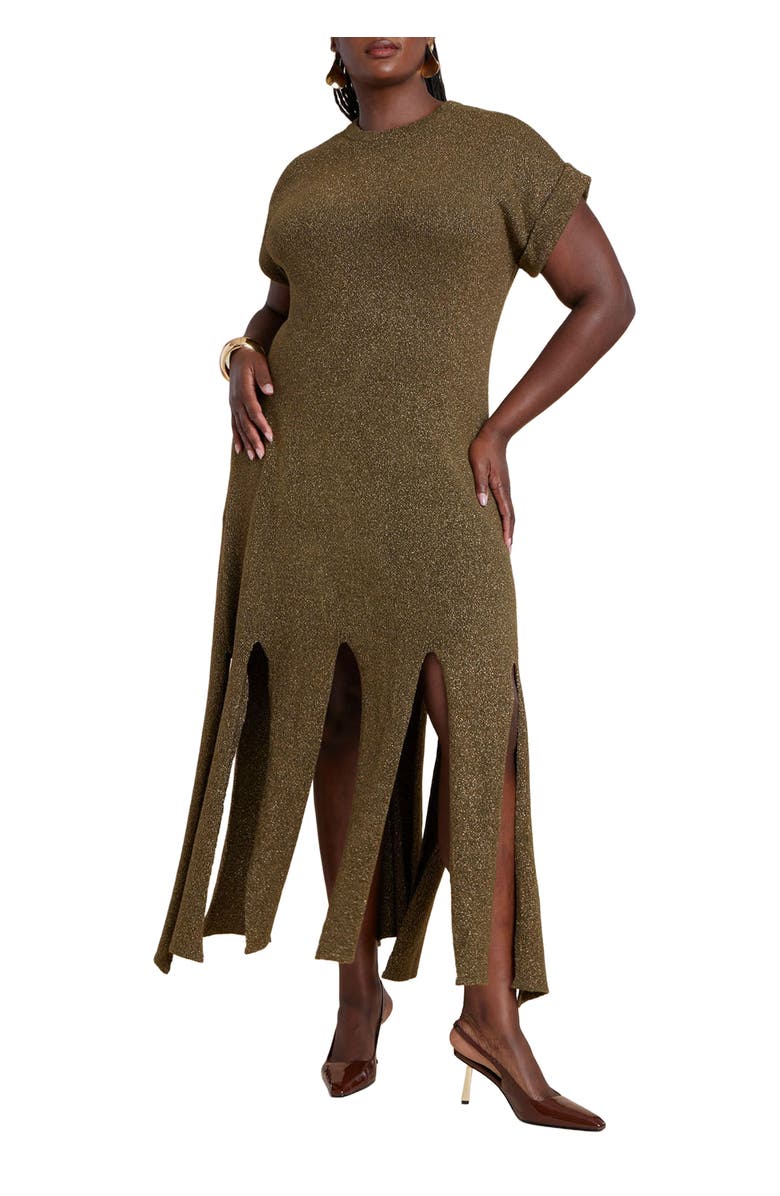ELOQUII Lurex Sweater Dress W Fringes, Main, color, Rich Olive