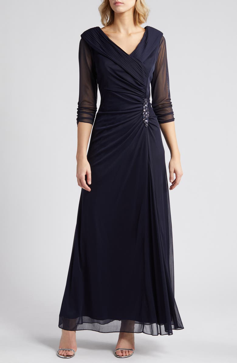 Alex Evenings Pleated Portrait Collar Chiffon Gown, Main, color, 