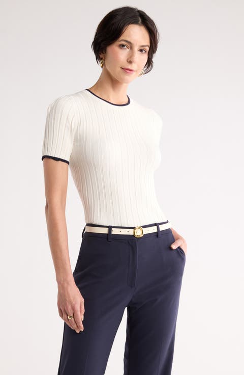 Tipped Short Sleeve Ribbed Sweater