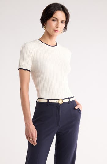 Tipped Short Sleeve Ribbed Sweater
