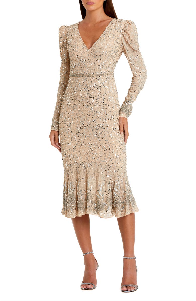Mac Duggal Sequin Long Sleeve with Trumpet Hem & Beaded Detail, Main, color, Nude Silver