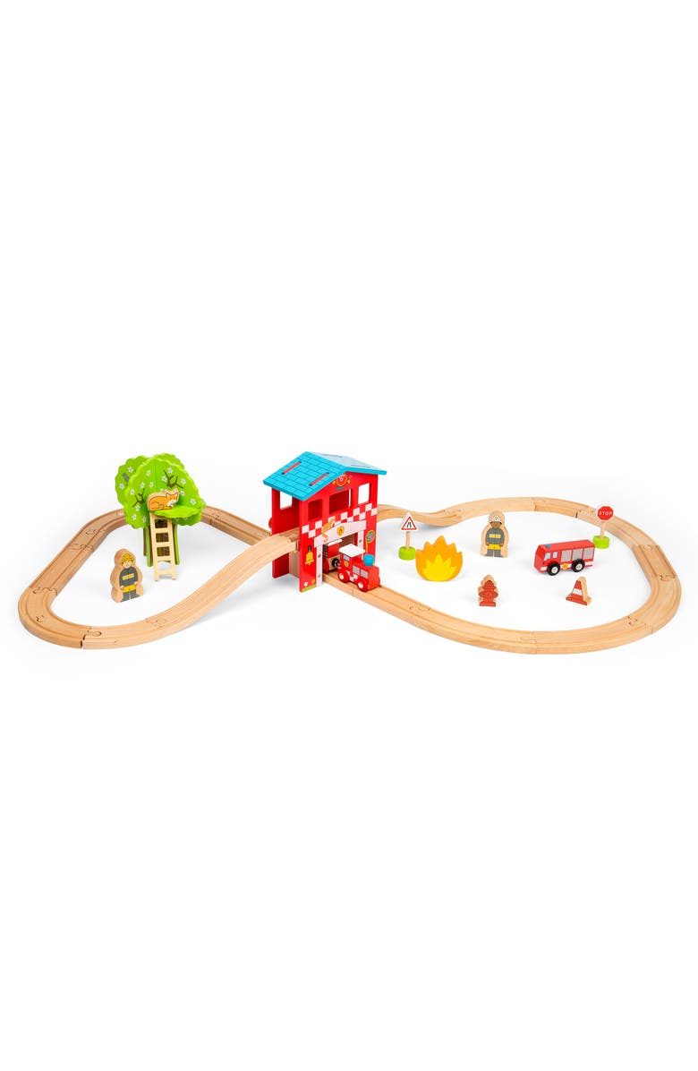 Bigjigs Rail Fire Station Train Set, Main, color, Brown