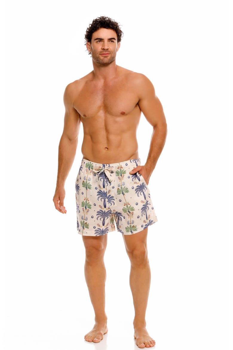 Ben Riviera Palms Ecru Linen Pajama Shorts, Alternate, color, WHITE