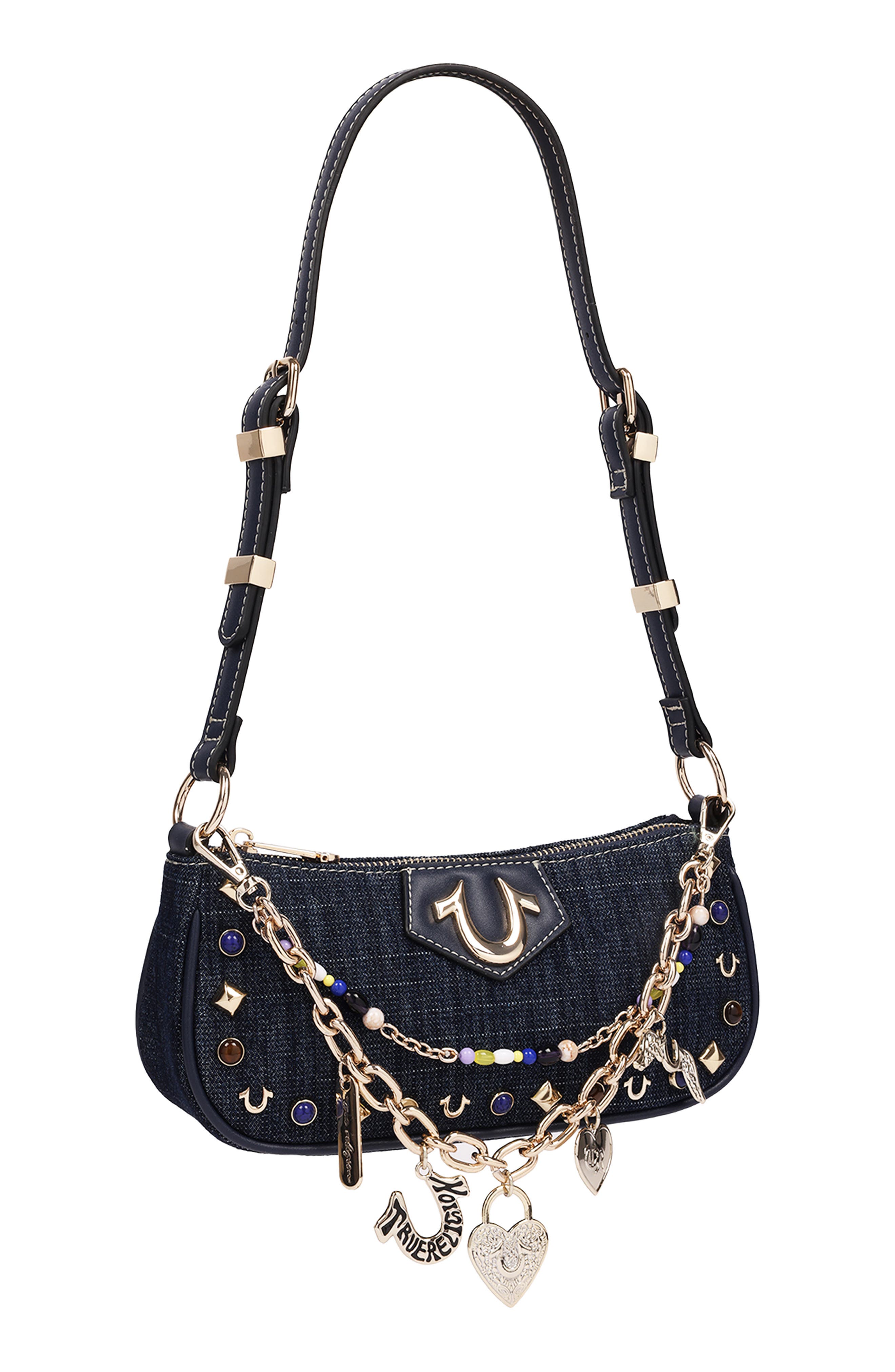 Chain & Studs Denim Shoulder Bag, Alternate, color, DARK DENIM