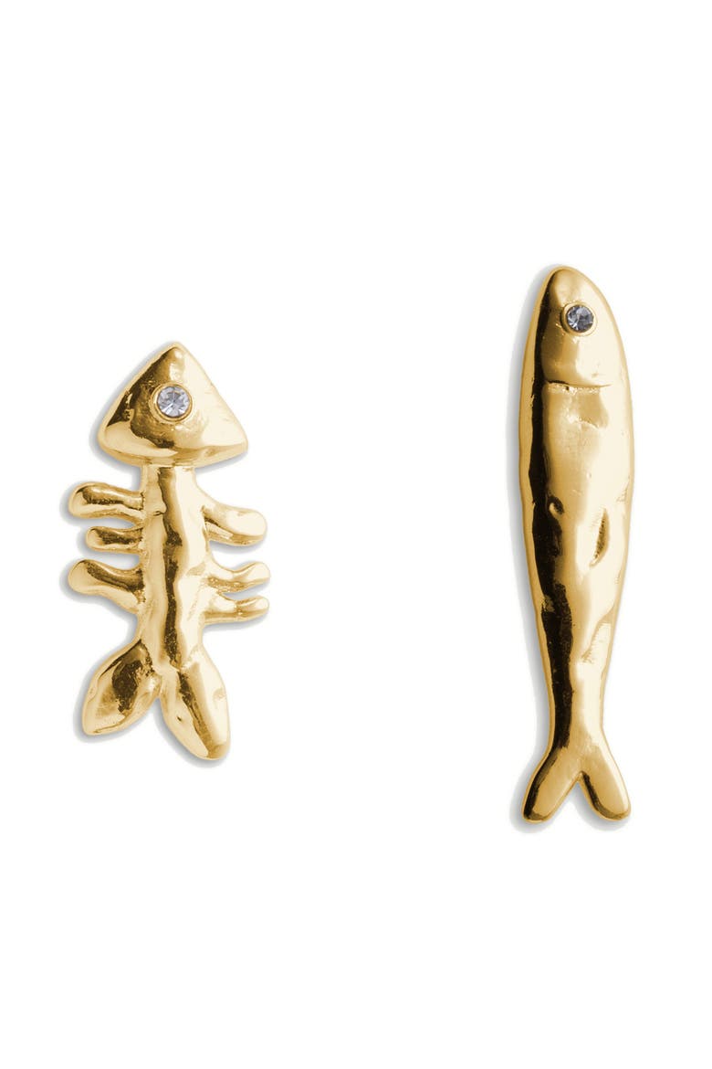 Sardine & Fishbone Mismatched Earrings, Main, color, GOLD PLATED
