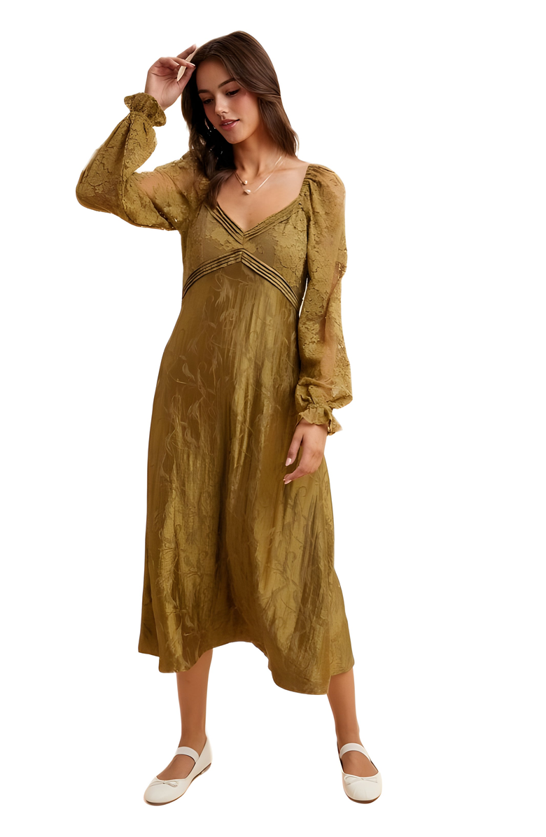 Knit and Lounge Long Sleeve Sheer Accent Midi Dress, Alternate, color, Olive Green