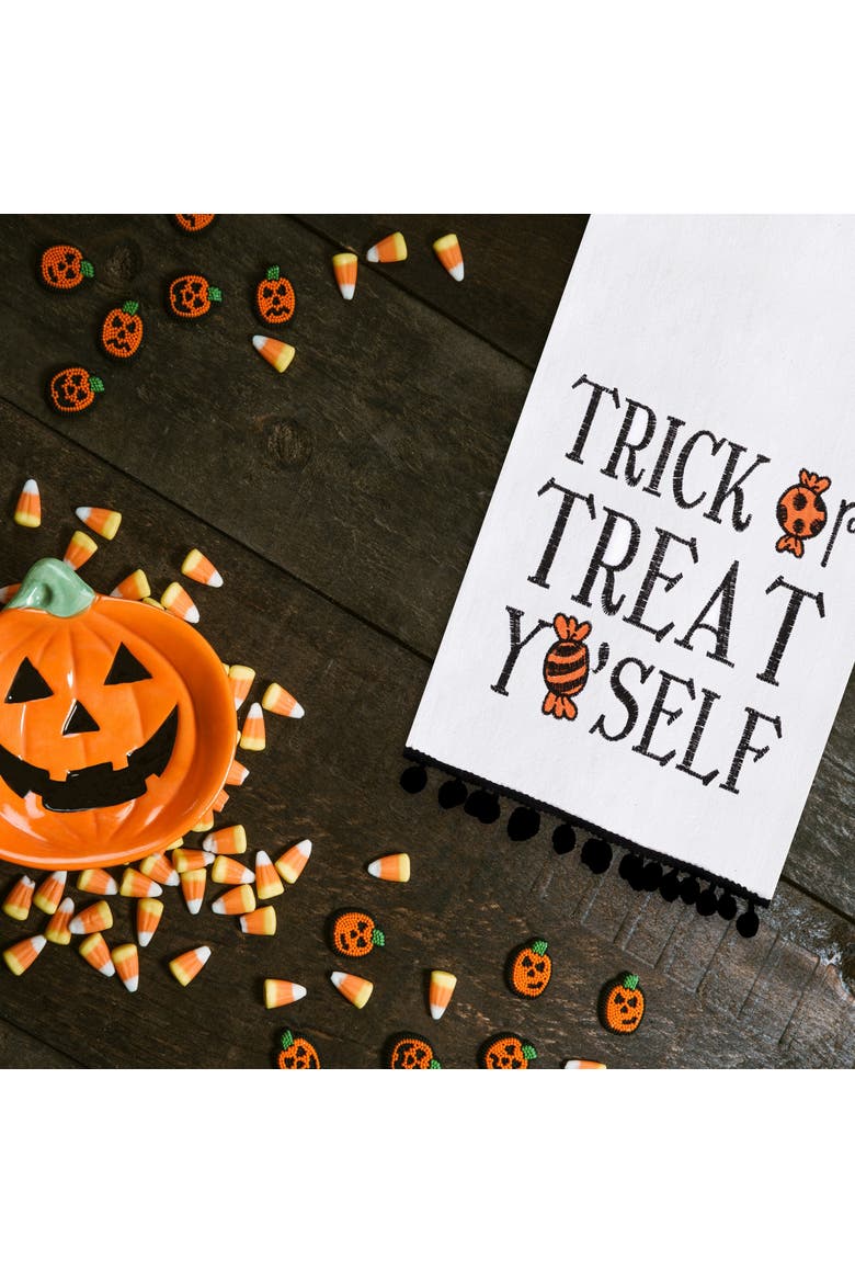 Treat Yo'self Halloween Embroidered Cotton Flour Sack Kitchen Towel With Pom Poms Decor Decoration Decor, Alternate, color, White