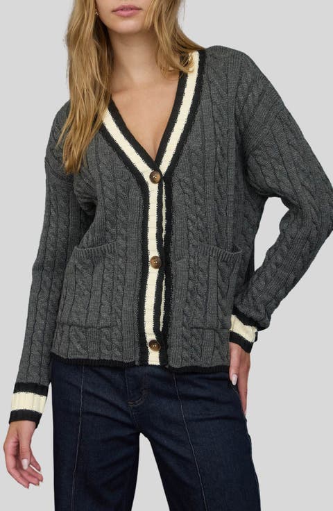Stripe Trim Cable Stitch Cardigan