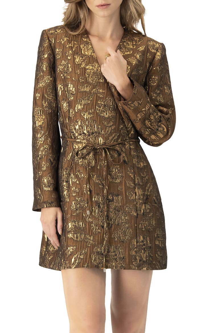 Jacquard Short Crossed V-Neck Dress with Pockets, Main, color, Brown