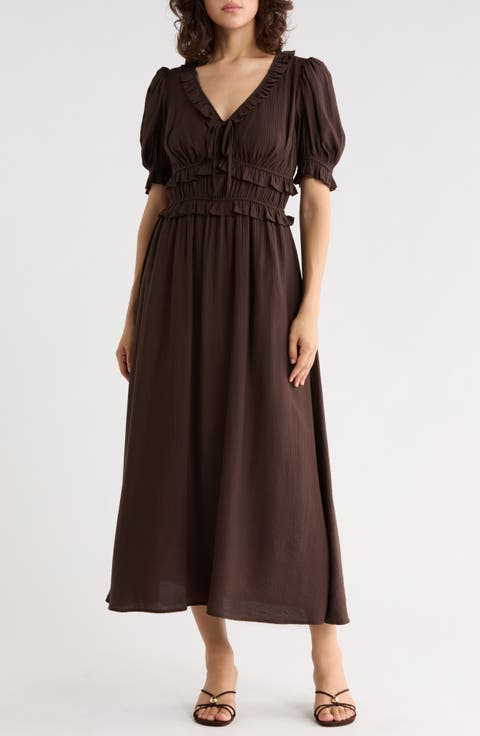 Ruffle Trim Short Sleeve Midi Dress