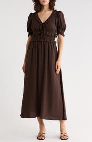 AUGUST SKY Ruffle Trim Short Sleeve Midi Dress