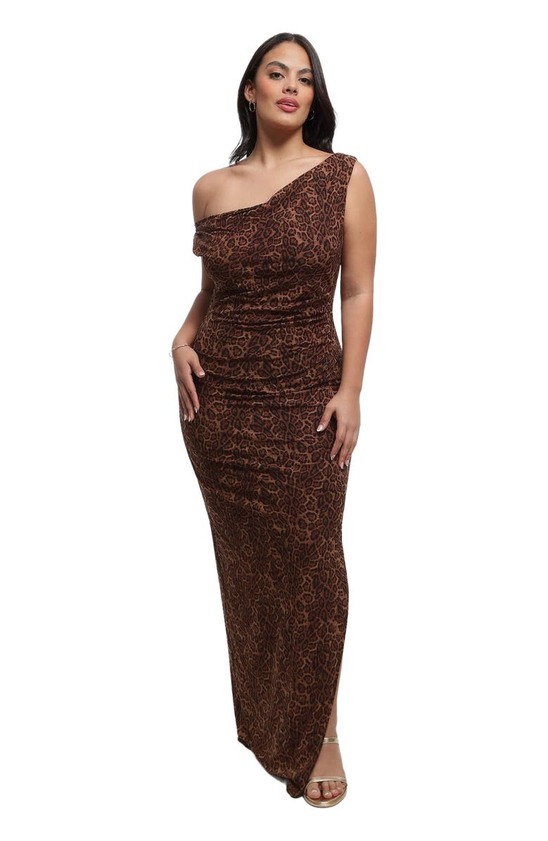 Popilush Shapewear Cowl Neck Leopard Ruched Sculpting Maxi Dress, Alternate, color, Leopard Brown