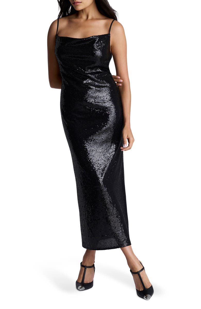 Kenneth Cole Sequin Cowl Neck Midi Slipdress, Main, color, Black