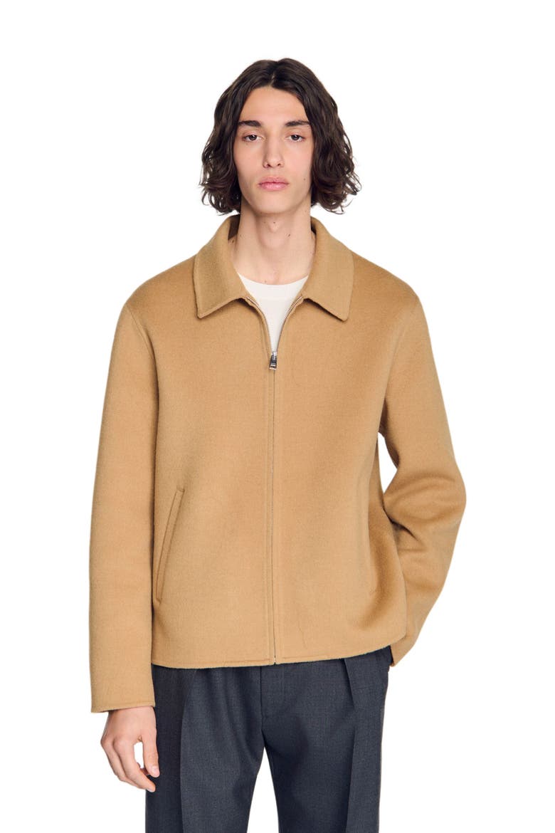 Double-faced wool zip-up jacket, Main, color, Camel