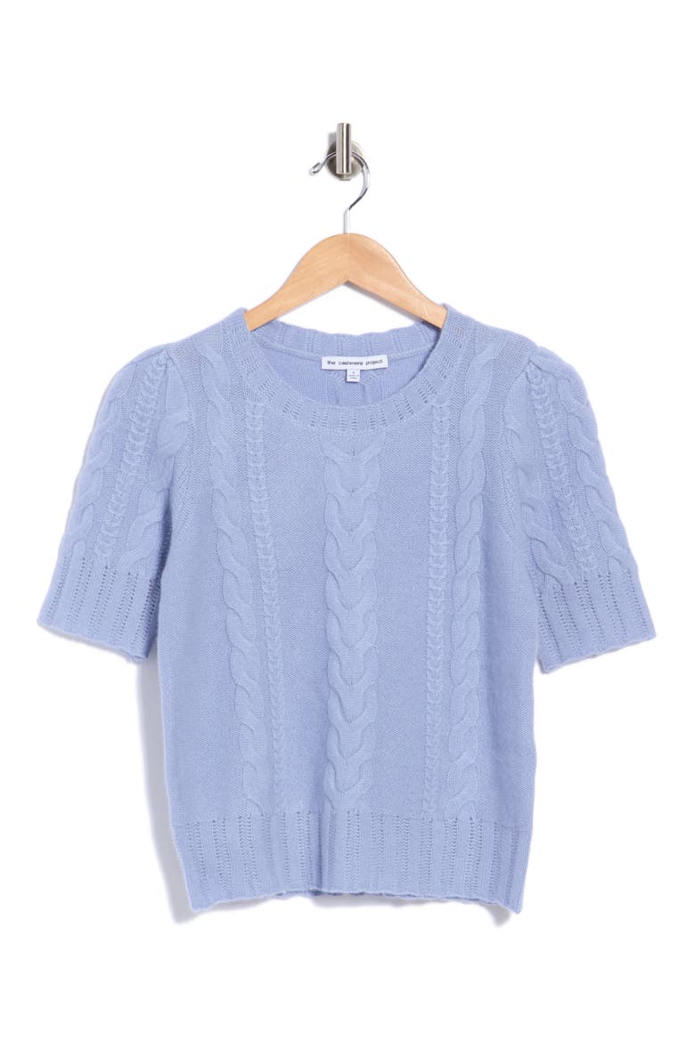 Cable Puff Sleeve Cashmere Sweater, Alternate, color, MOON BLUE