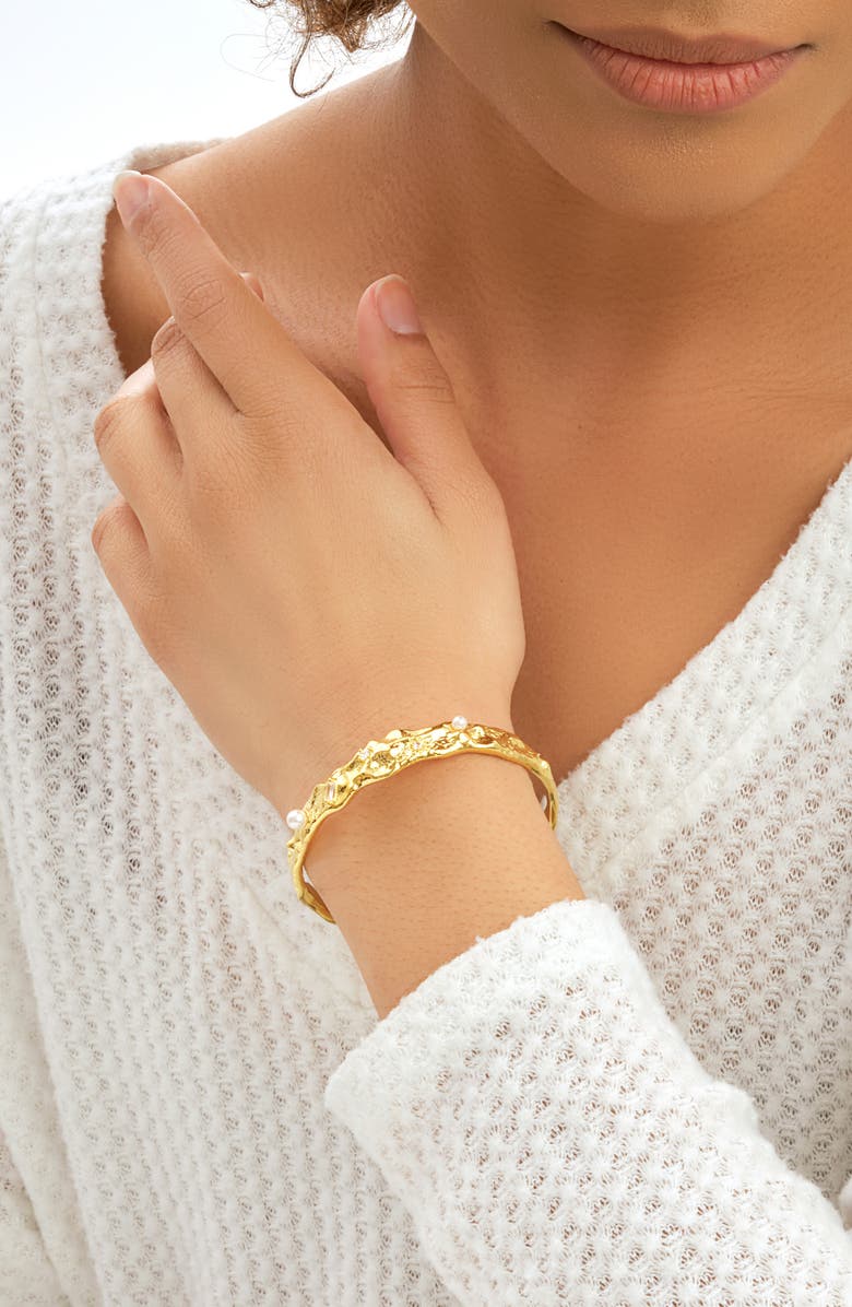 Sterling Forever Caspara Imitation Pearl Cuff Bracelet, Alternate, color, Gold