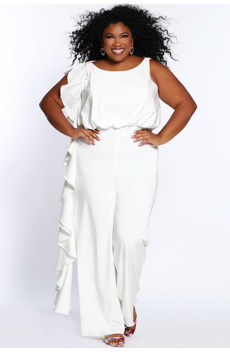 Celebrations by Sydney's Closet Plus Size Crepe Ruffle Jumpsuit, Main, color, Ivory