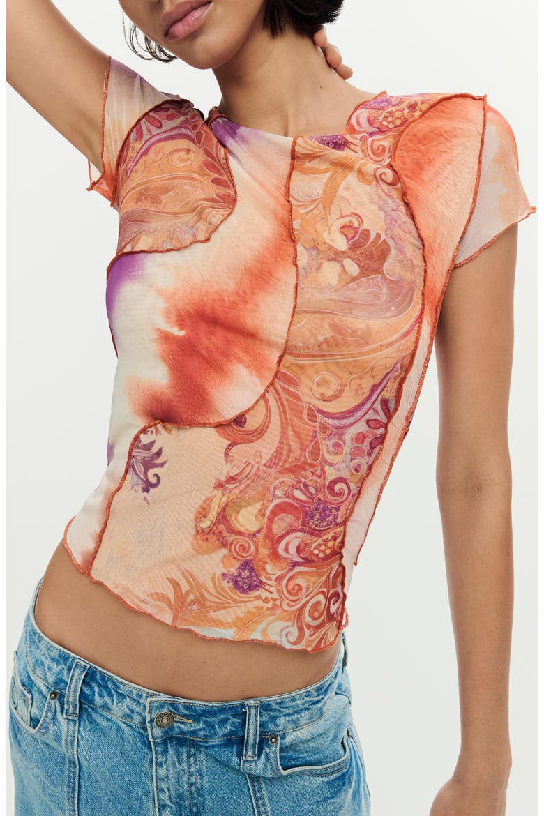 Print Mesh Crop Top, Alternate, color, ORANGE MULTI