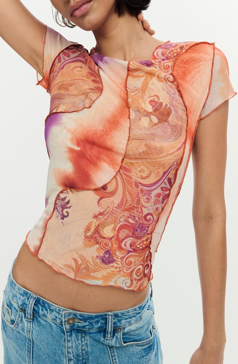 Desigual Print Mesh Crop Top, Alternate, color, Orange Multi