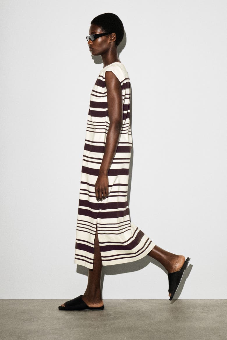 Folded-shoulder Cotton-jersey Midi Dress, Alternate, color, WHITE / BROWN / STRIPED