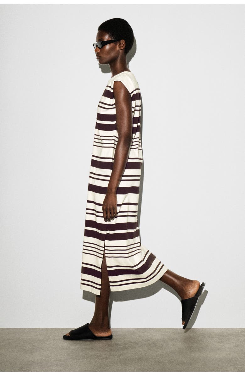 COS Folded-shoulder Cotton-jersey Midi Dress, Alternate, color, White / Brown / Striped