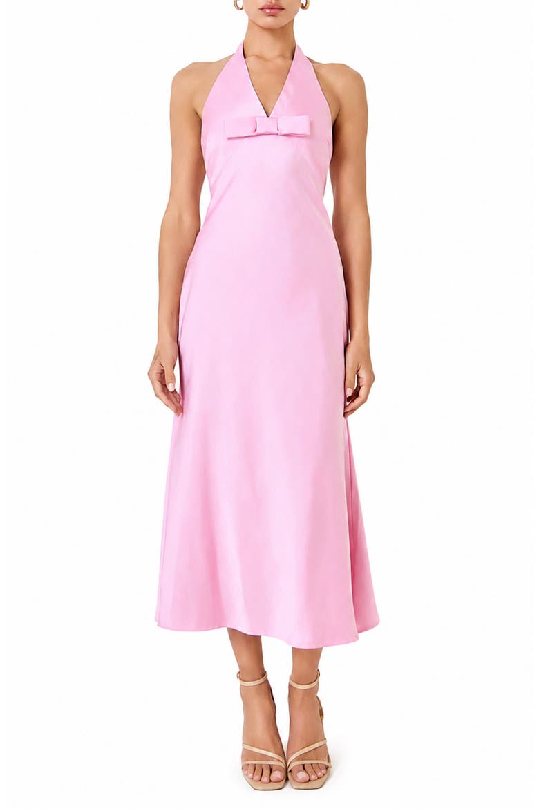 Bow Halter Satin Maxi Dress, Main, color, PINK