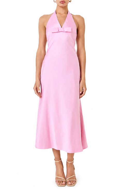Bow Halter Satin Maxi Dress