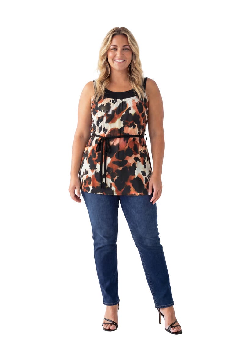 Curvy Essential Cheetah Print Scoop Neck Sleeveless Waist Tie Top, Main, color, White Multi