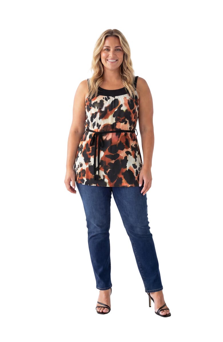 24seven Comfort Apparel Curvy Essential Cheetah Print Scoop Neck Sleeveless Waist Tie Top, Main, color, White Multi