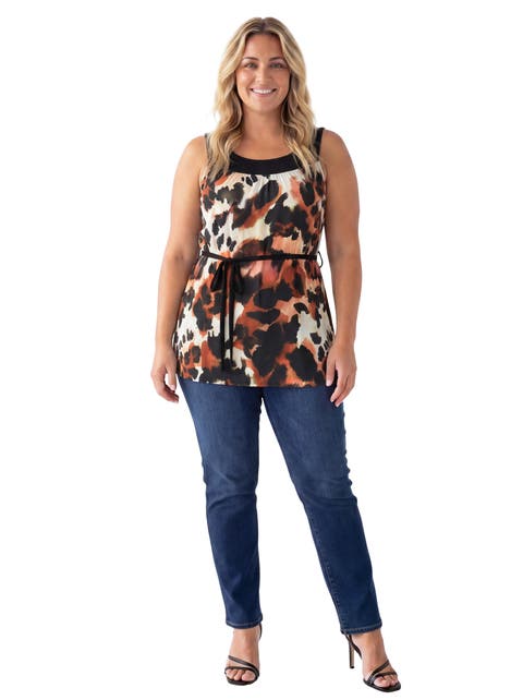 Curvy Essential Cheetah Print Scoop Neck Sleeveless Waist Tie Top