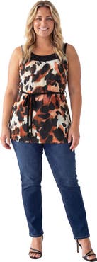 24seven Comfort Apparel Curvy Essential Cheetah Print Scoop Neck Sleeveless Waist Tie Top