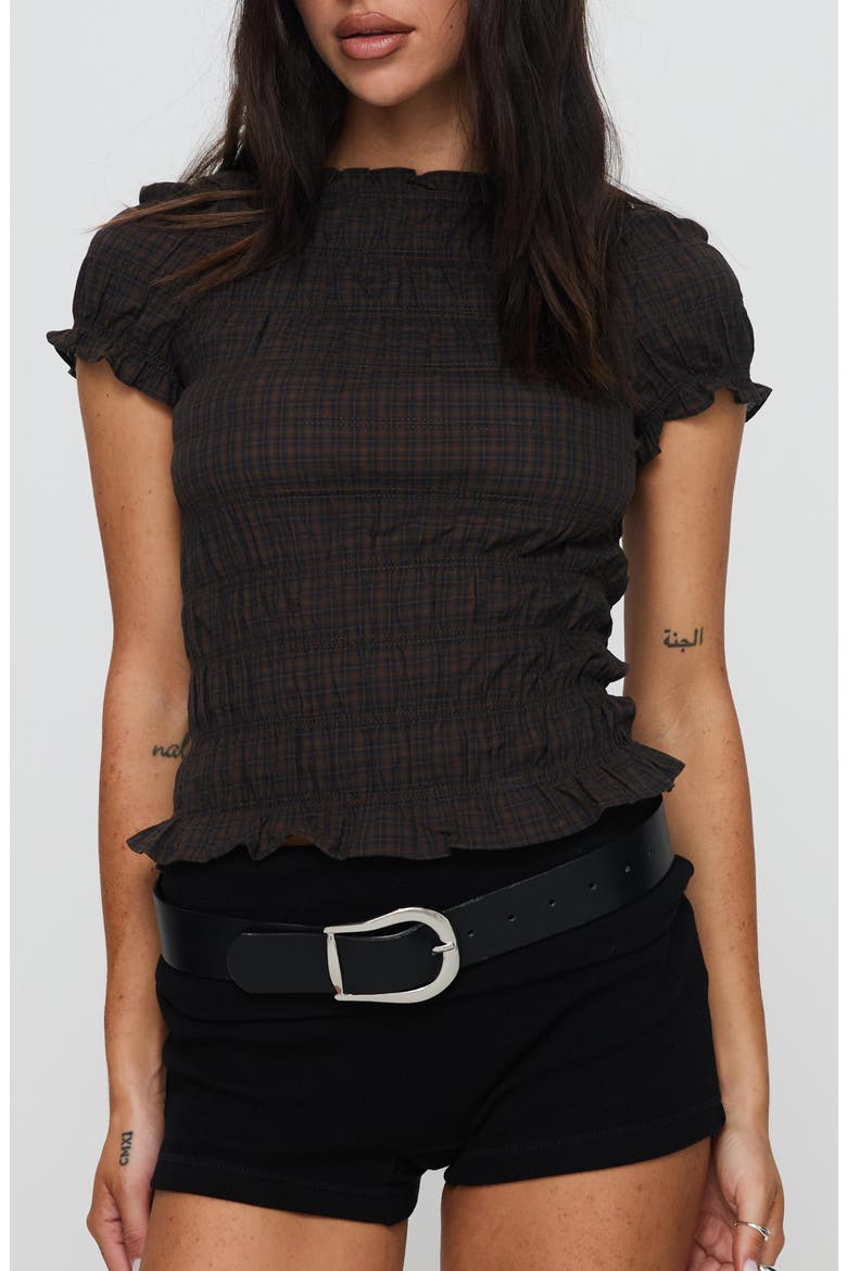 Romelle Plaid Smocked Cotton Top, Main, color, BLACK / BROWN PLAID