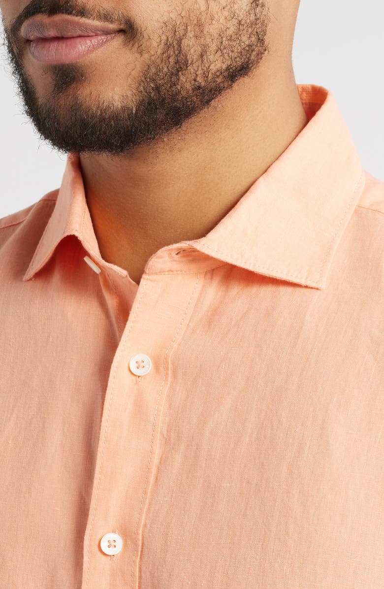 Bugatchi Axel Shaped Fit Linen Button-Up Shirt, Alternate, color, Papaya