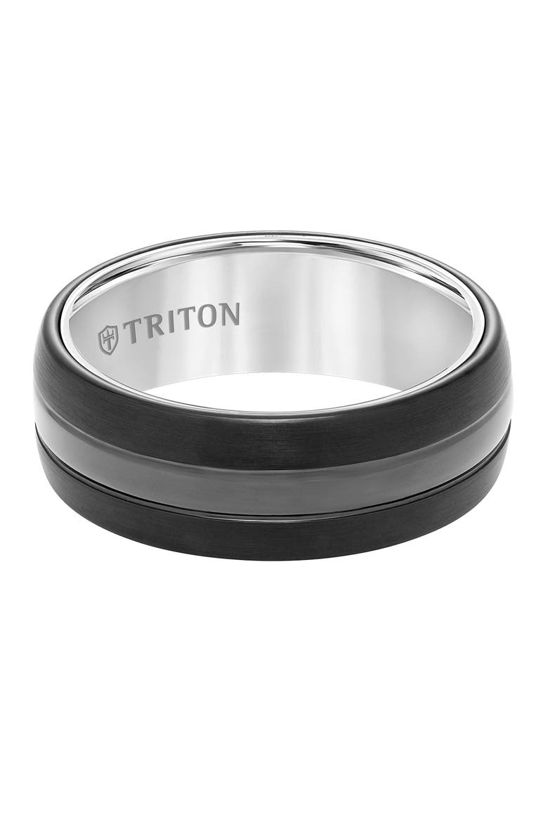 8MM Tungsten Carbide Band with Satin Finish Center and Black Interior Sleeve with Domed Edge, Alternate, color, Black