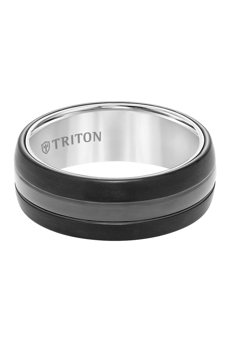 Triton 8MM Tungsten Carbide Band with Satin Finish Center and Black Interior Sleeve with Domed Edge, Alternate, color, 