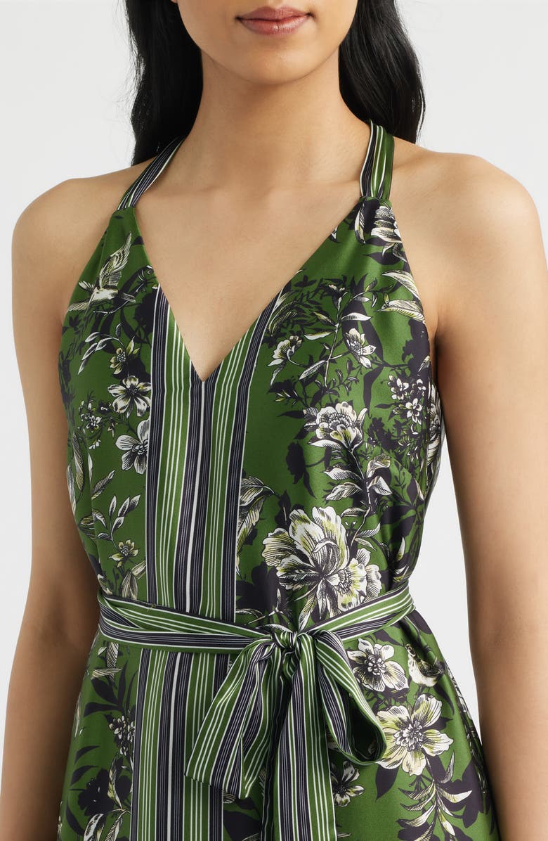 Eliza J Floral Satin Halter Neck Midi Dress, Alternate, color, Olive