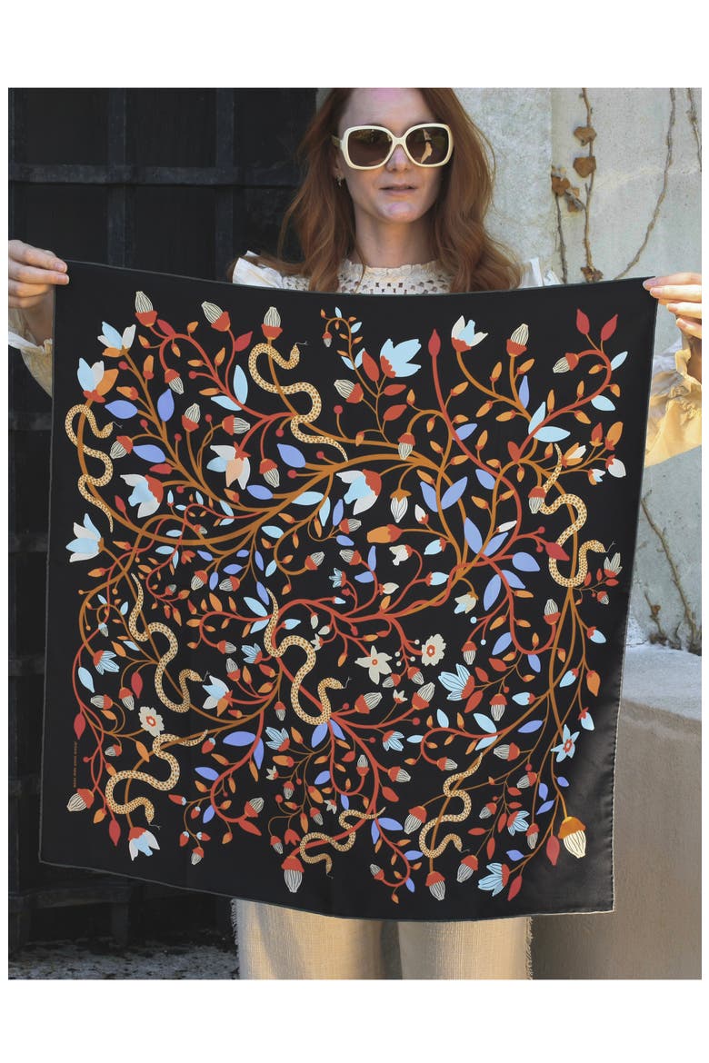 Double Sided Silk Scarf Of Night's Enchanted Garden, Alternate, color, Black