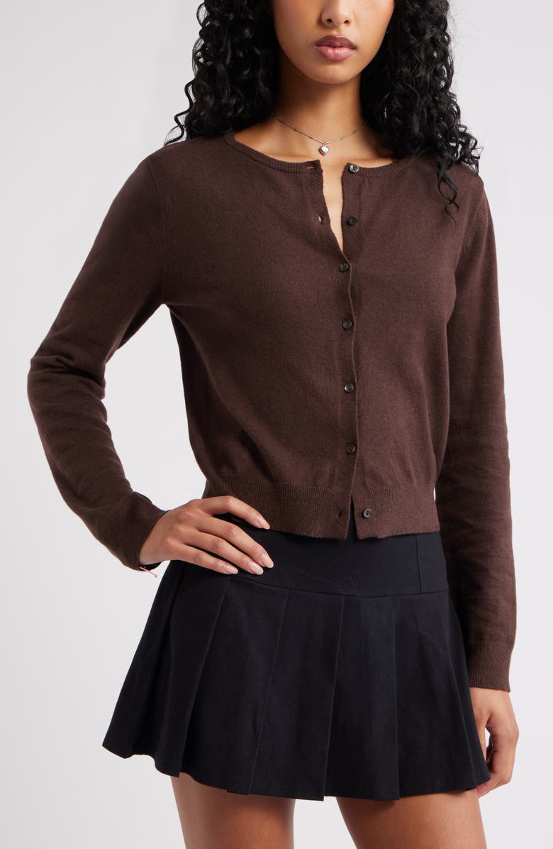 BP. Crewneck Cotton Blend Cardigan, Main, color, Brown Coffee