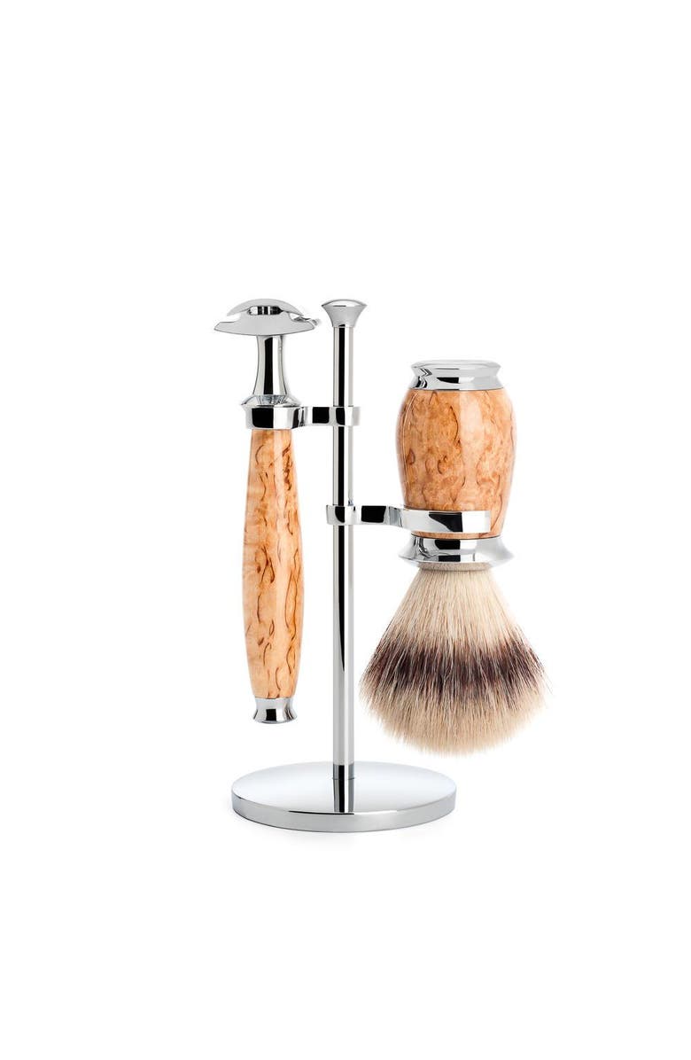 MÜHLE Purist Karelian Masur Birch 3-Piece Silvertip Fiber & Safety Razor Shaving Set, Main, color, Masur Birch